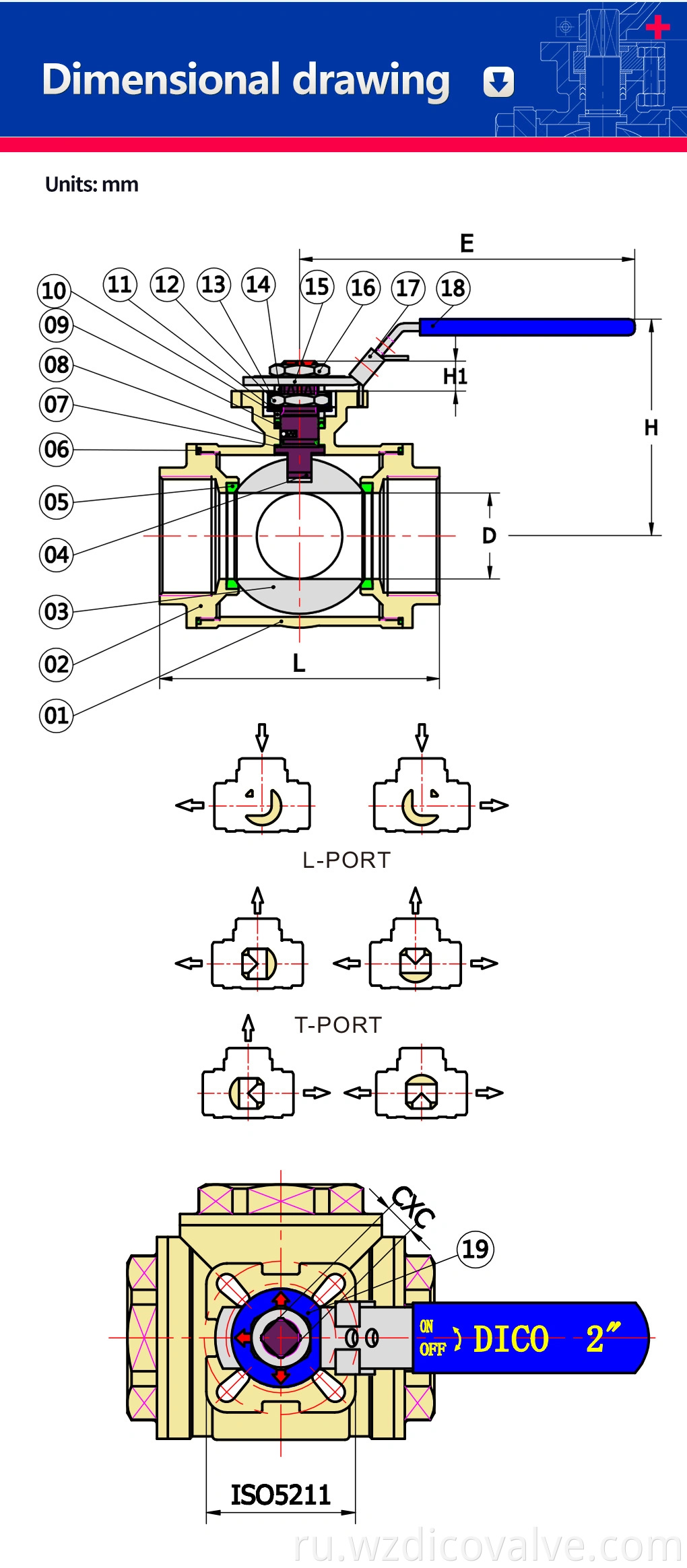 3 way ball valve ISO Pad